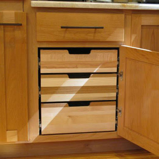 Lower Cabinet, 3 Tier Roll-Out Drawers, Mixed Hardwood, Dovetailed, Hand Scoops